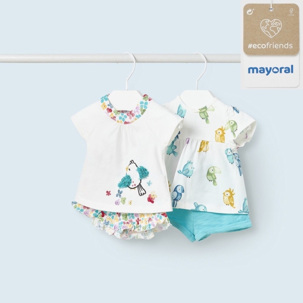 Conjunto 4 piezas bebé niña MAYORAL Ecofriends con estampado de pájaros